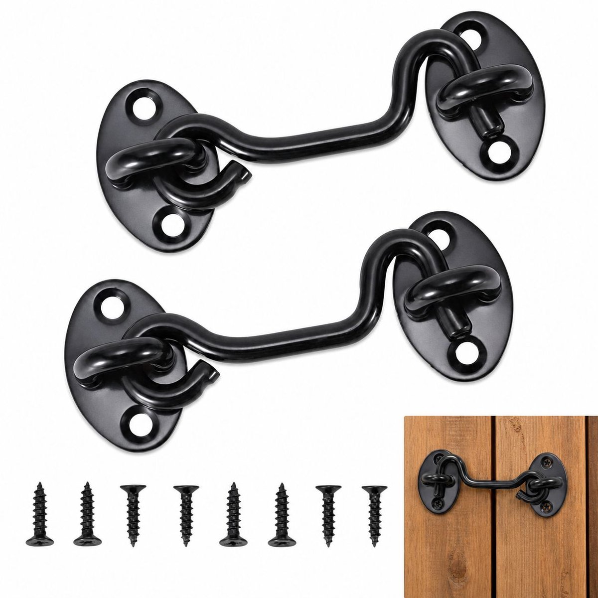 VHV - Deurhaak Set van 2 - RVS Windhaak 10 cm met Montageschroeven - Zwart voor Raam, Schuur, Poort en Deur
