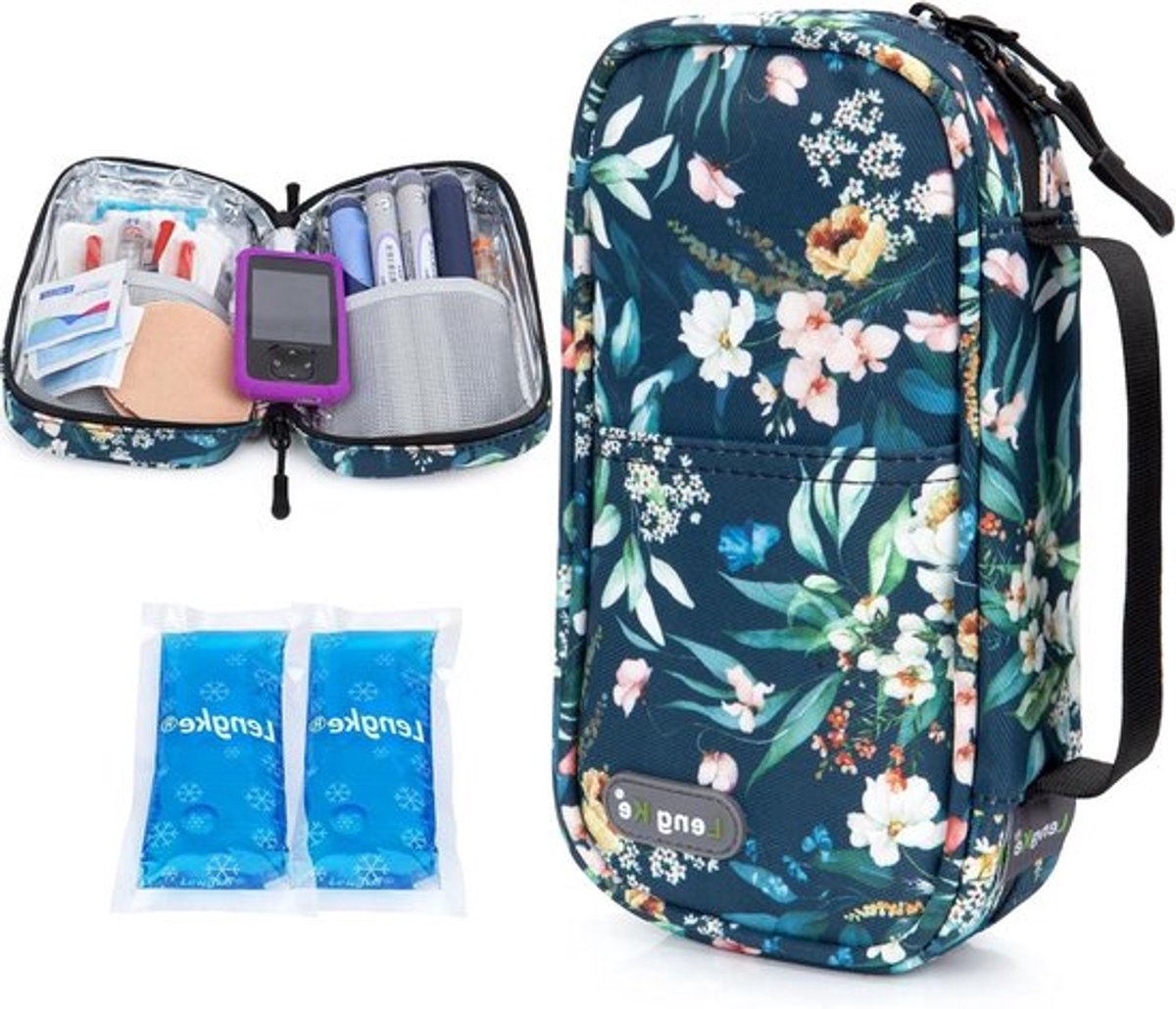 Compacte insuline koel tas, blauw camellia, ideaal voor diabetici, draagbaar en praktisch