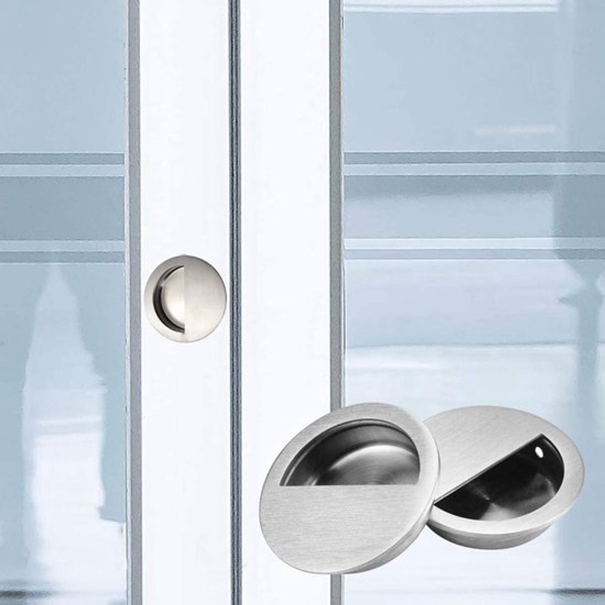 Set van 4 Ronde Ingebouwde Deurgrepen van RVS, 60mm, voor Schuifdeuren en Kasten met Verborgen Schroeven