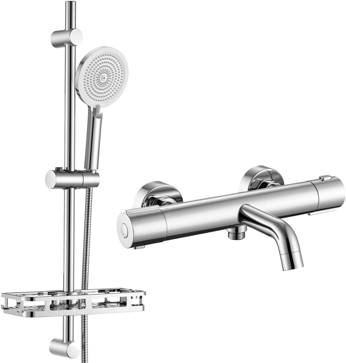 Auralum Max Themostatische Badkraan met Handdouche - Complete Doucheset - 70 Glijstang Douchestang Met Zeepschaal - 4 Straalsoorten Douchekop - Glijstangset - 15cm - Waterbesparend - Inclusief koppelingen - Chroom