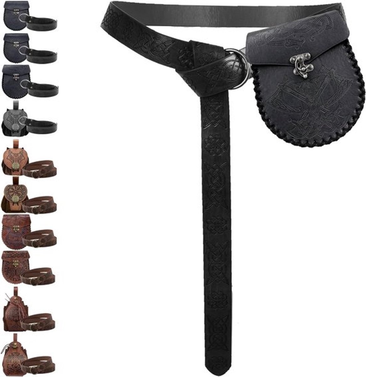 Middeleeuws Zwart Geëmbosseerd Vintage Faux Leer Viking Riem en Schoudertas Set voor LARP Kostuums, Perfect voor Piraten, Heksen en Ridders, Één maat, Middeleeuwen