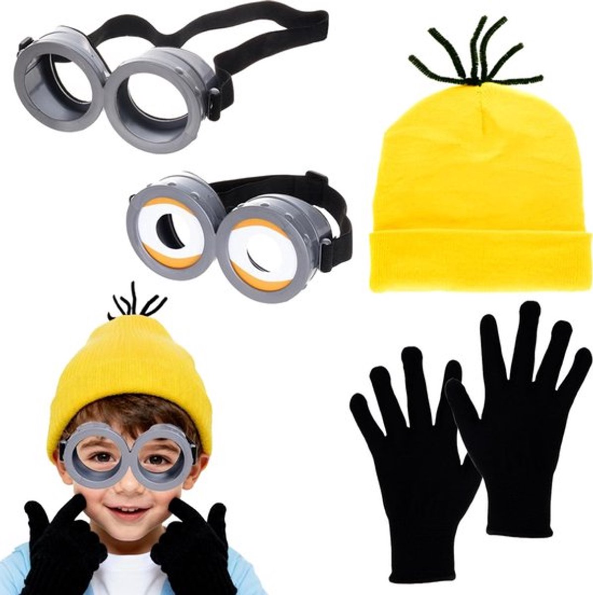 Geel kostuum voor volwassenen met steampunk brillen, gebreide muts en zwarte handschoenen, ideaal voor Halloween en cosplay evenementen