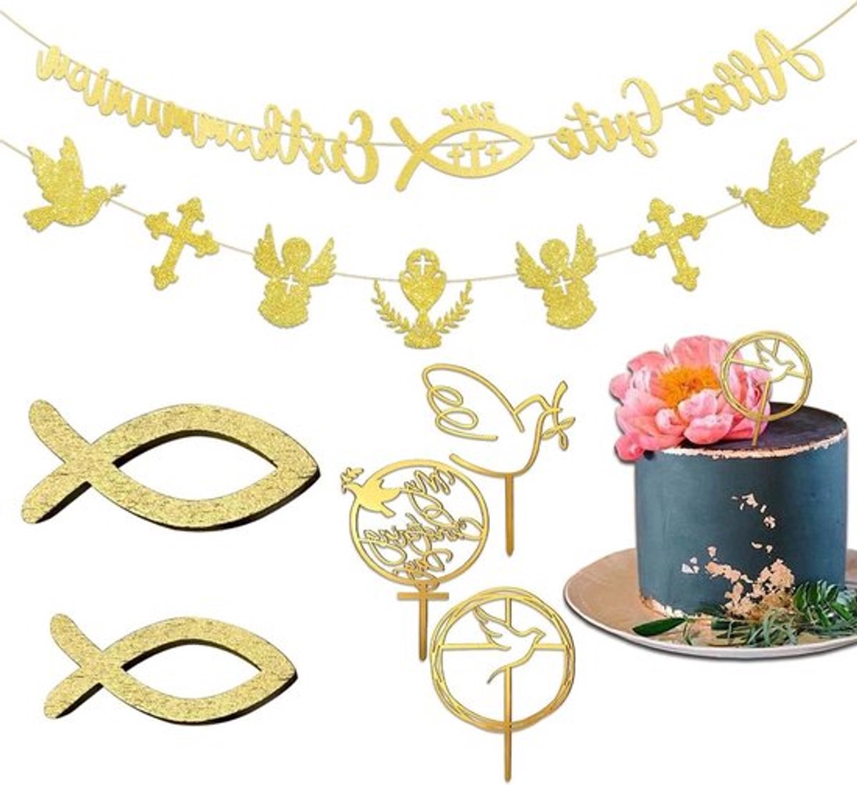 Communie Decoratie Set - Stijlvolle Taartversiering, Vis Taartversiering - Eerste Communie, Vormsel, Doopfeest