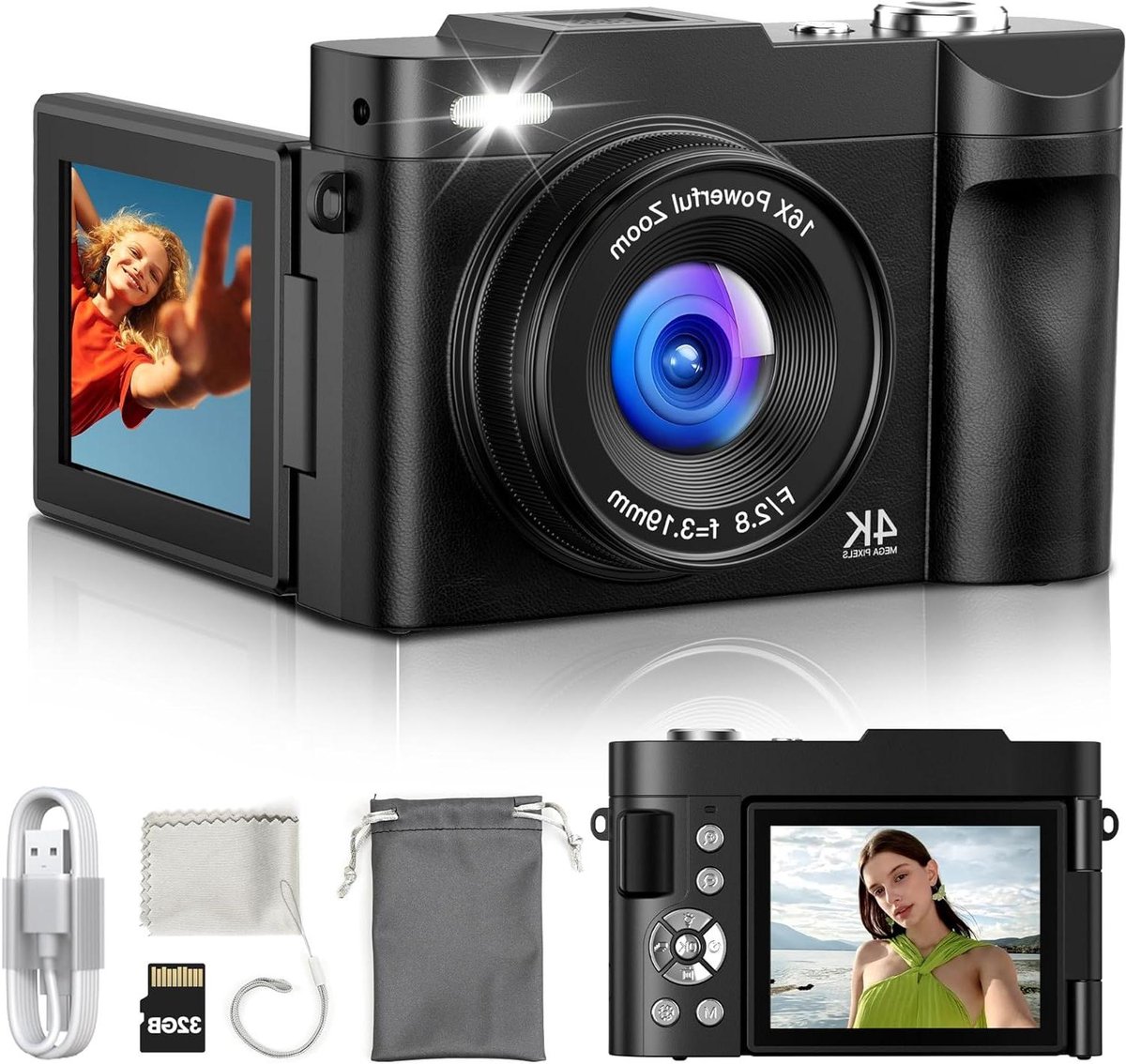 Digitale Camera - Vlog Camera - Video Opnemen - 180° Flip Scherm - 48MP - Zwart