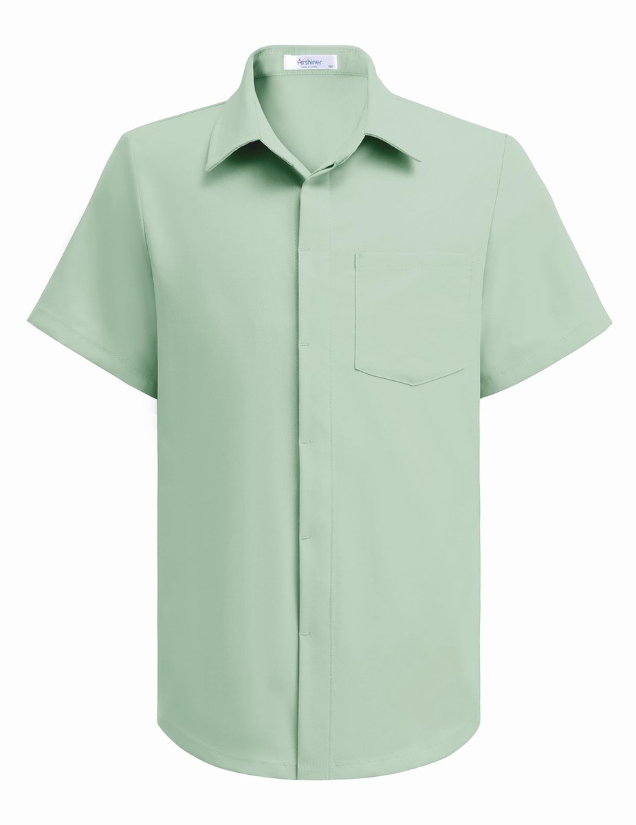 SnelShoppen - Jongens Jurk Shirt School Korte Mouw Button Down Groen 10-11 jaar - Zomer Outfit voor Feest, Casual, Tuin, School, Mode, Kleding