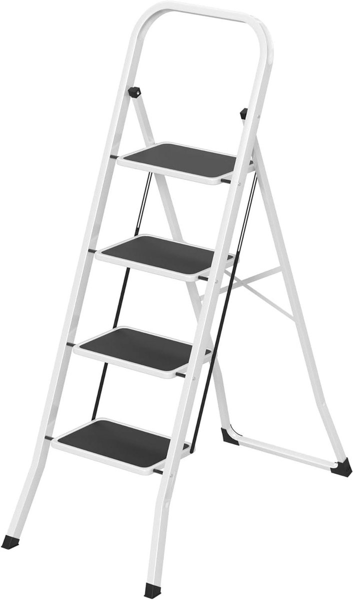 Trapladder 4 treden - Klapladder vouwbaar - Huishoudelijk werk - Antislip brede treden - 150 kg belastbaar - Wit