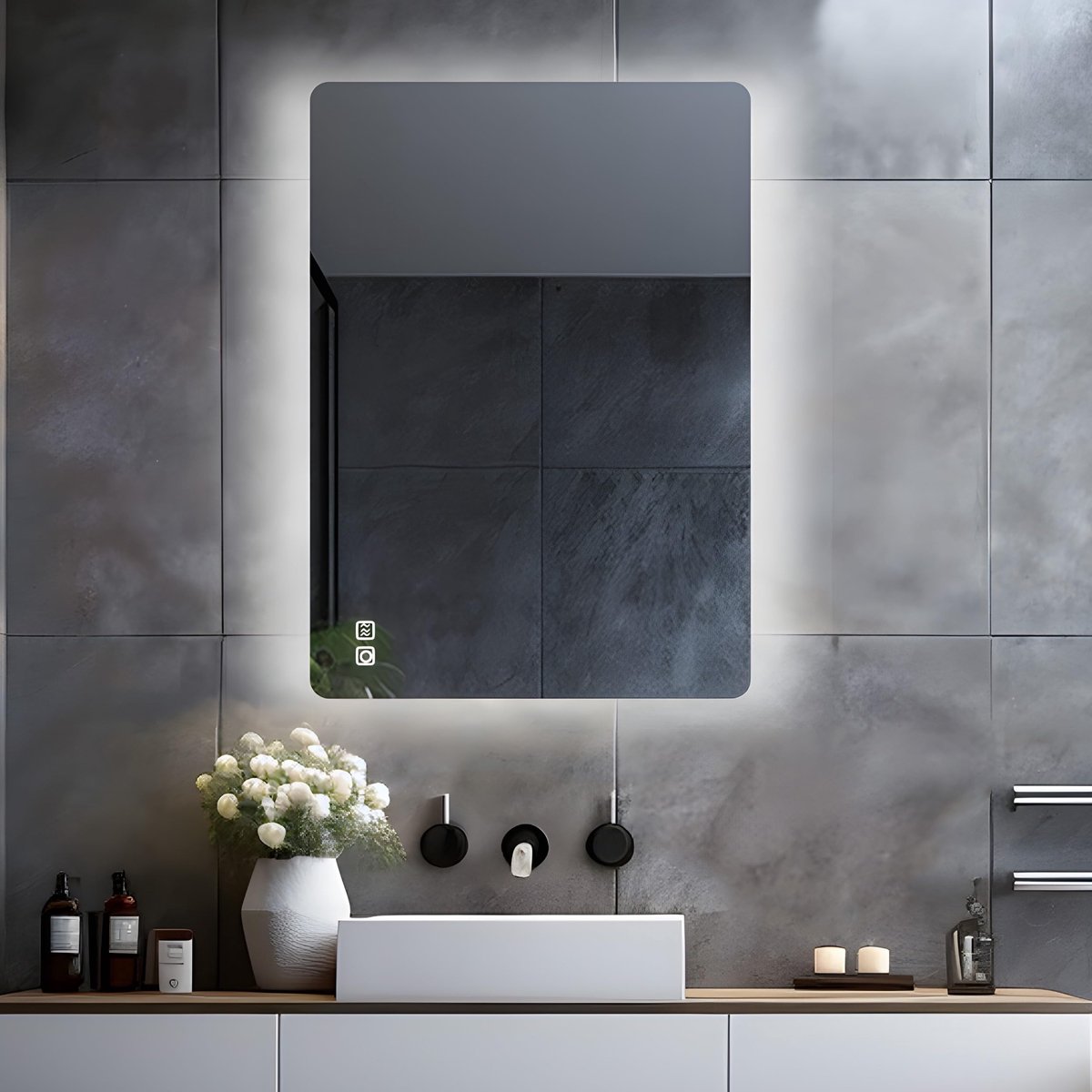 SnelShoppen - LISA Led-badkamerspiegel met verlichting 60 x 50 cm, Dimbare wandspiegel met touch, Anti-condens en Achterverlichting voor Badkamer, Toi