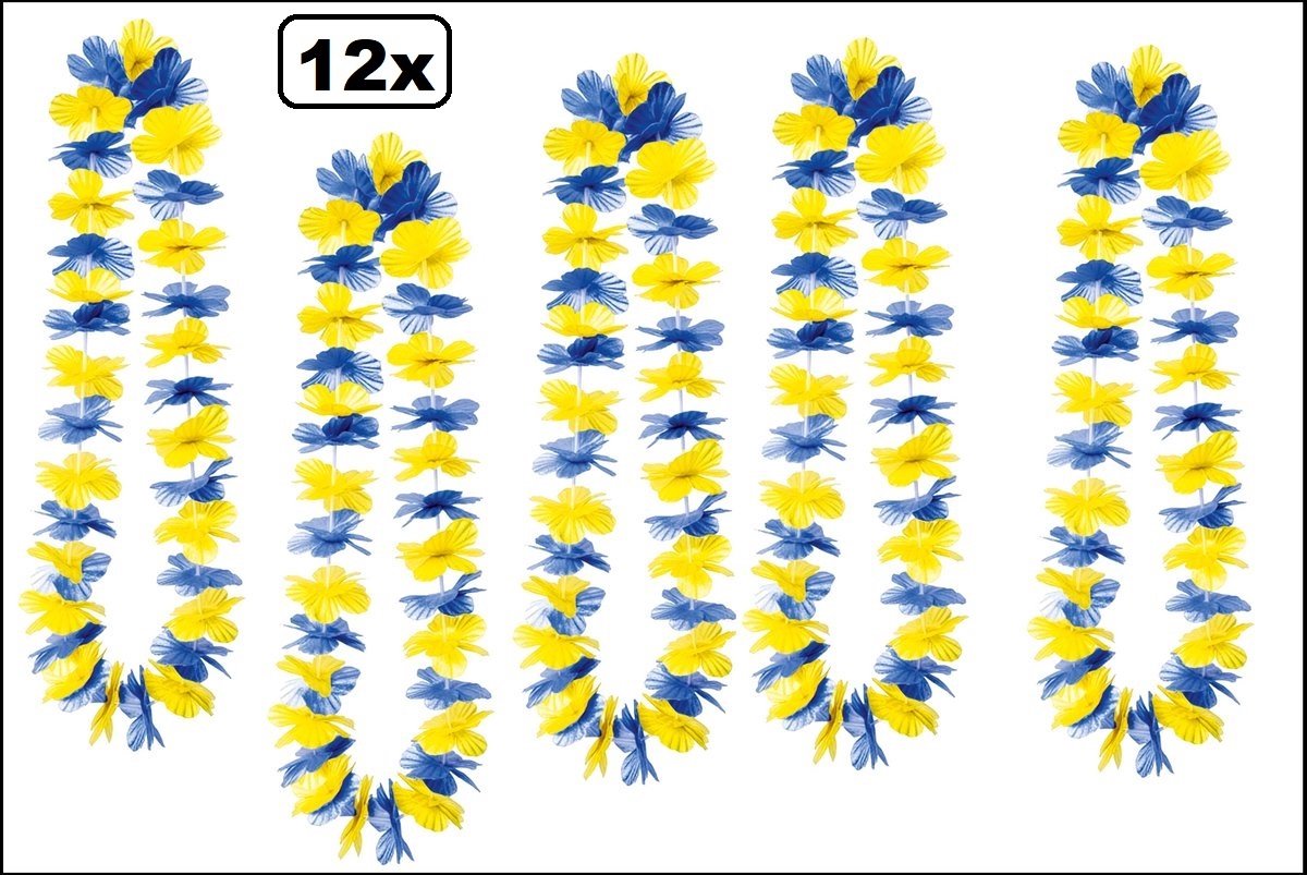 12x Hawaikrans blauw/geel - bloemenkrans - Tropical party thema feest hawaii slinger
