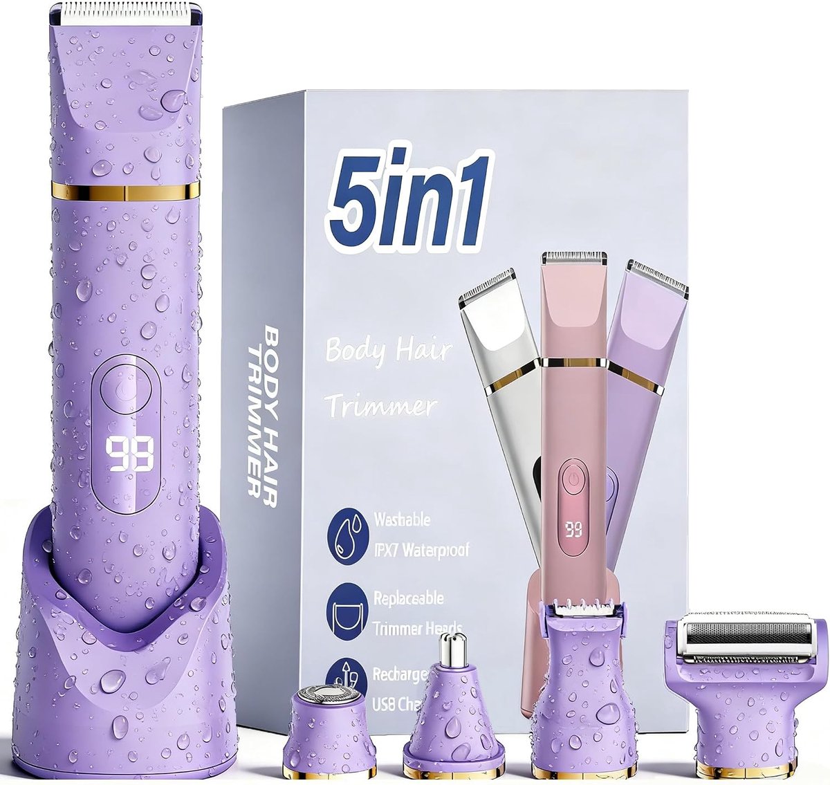 Dames Scheerapparaat 5-in-1 - Elektrisch Intiem Trimmer - Bikinilijn Trimmer met LED Display - IPX7 Waterdicht - USB Oplaadbaar - Paars