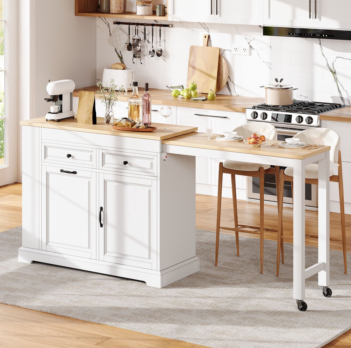 COVREO Keukeneiland 112-180x45x92 cm wit, MDF met lades en afvalvak