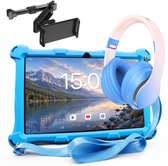 Blauw AngelTech kindertablet in een hoes, met koptelefoon, tablethouder voor auto en oplader.