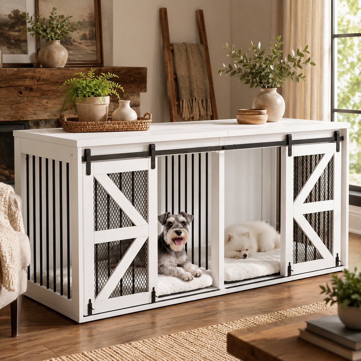 Hondenbench - Bench Hond - Bench Kast - Luxe Hondenkennel - Kamerkennel & Sidetable - Met schuifdeur en veiligheidsslot - Verwijderbare middenscheiding - Ademend - Dressoir - Stevig en duurzaam - 160x60x75 cm - Wit