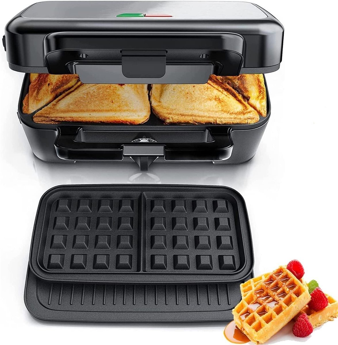 Wafelijzer Panini Maker 3-in-1 Apparaat Snacks Maken Temperatuurregeling 28.9 x 22.9 cm Zwart