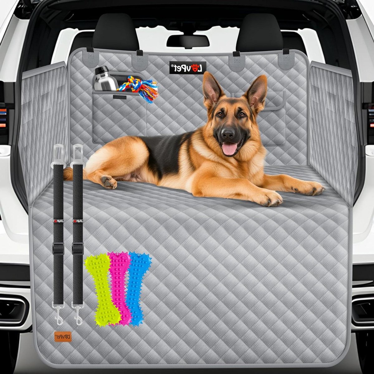 Kofferbakbescherming hond - Hondendeken auto - Veilig reizen - Met zij- en laadbescherming - 130 x 105 cm - Grijs