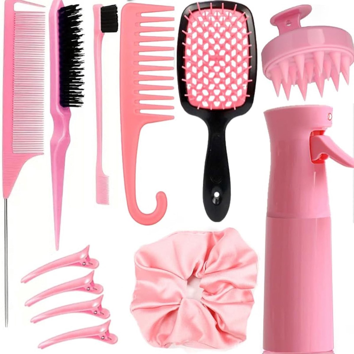 Complete Set van 12 Krulborstels voor Krullend Haar, Inclusief Kam voor Droog en Nat Haar, Ontklitter met Sprayfles en Accessoires, Roze, Geschikt voor Meisjes en Vrouwen