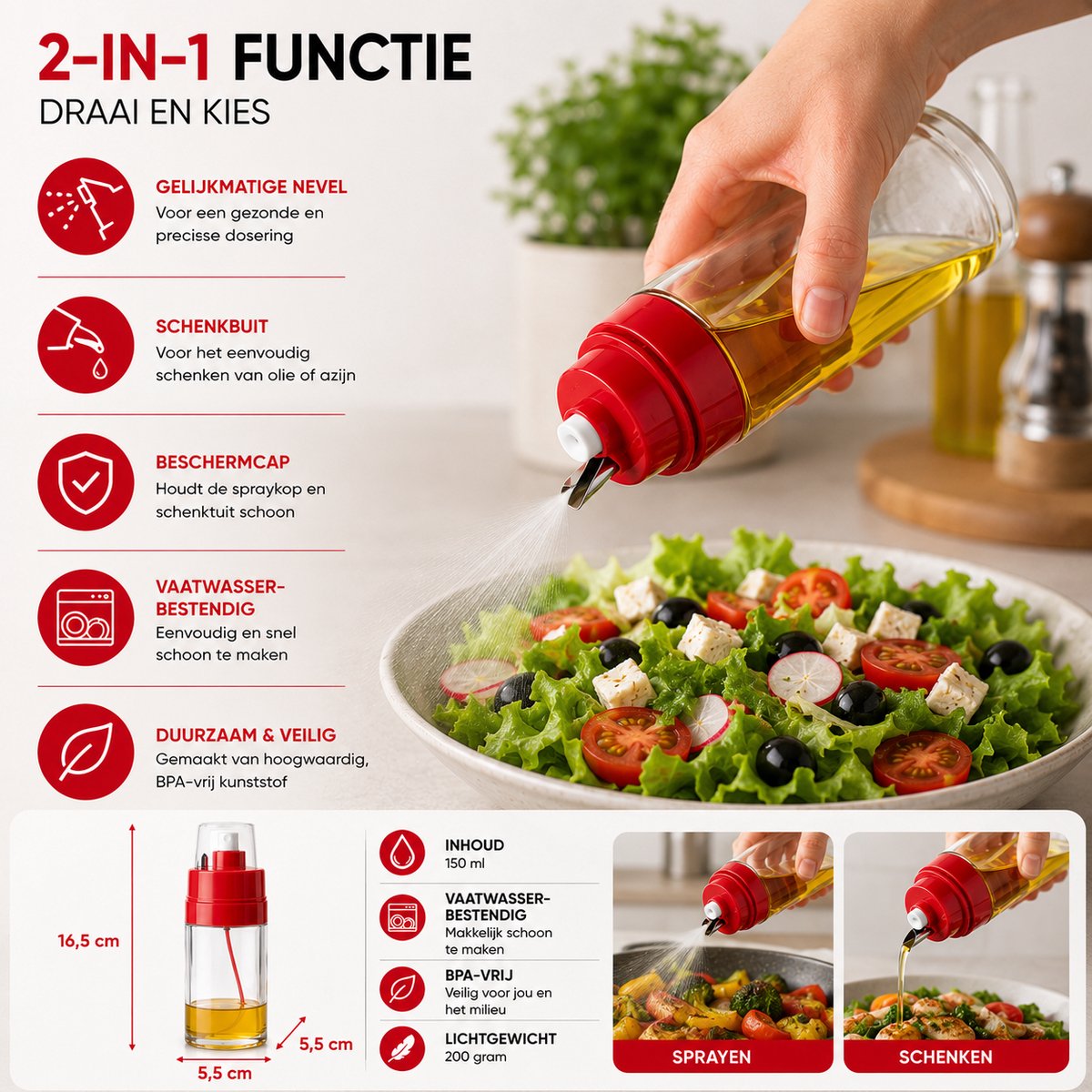Ibili – Olie- en Azijnsprayer 150 ml – 2-in-1 Oliesprayer met Sprayfunctie en Schenktuit – Vaatwasserbestendig – Inclusief Beschermkap – Rood