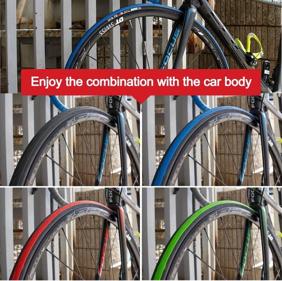 Fietsbanden met blauwe, rode en groene zijkanten op een fiets met een Focus frame.