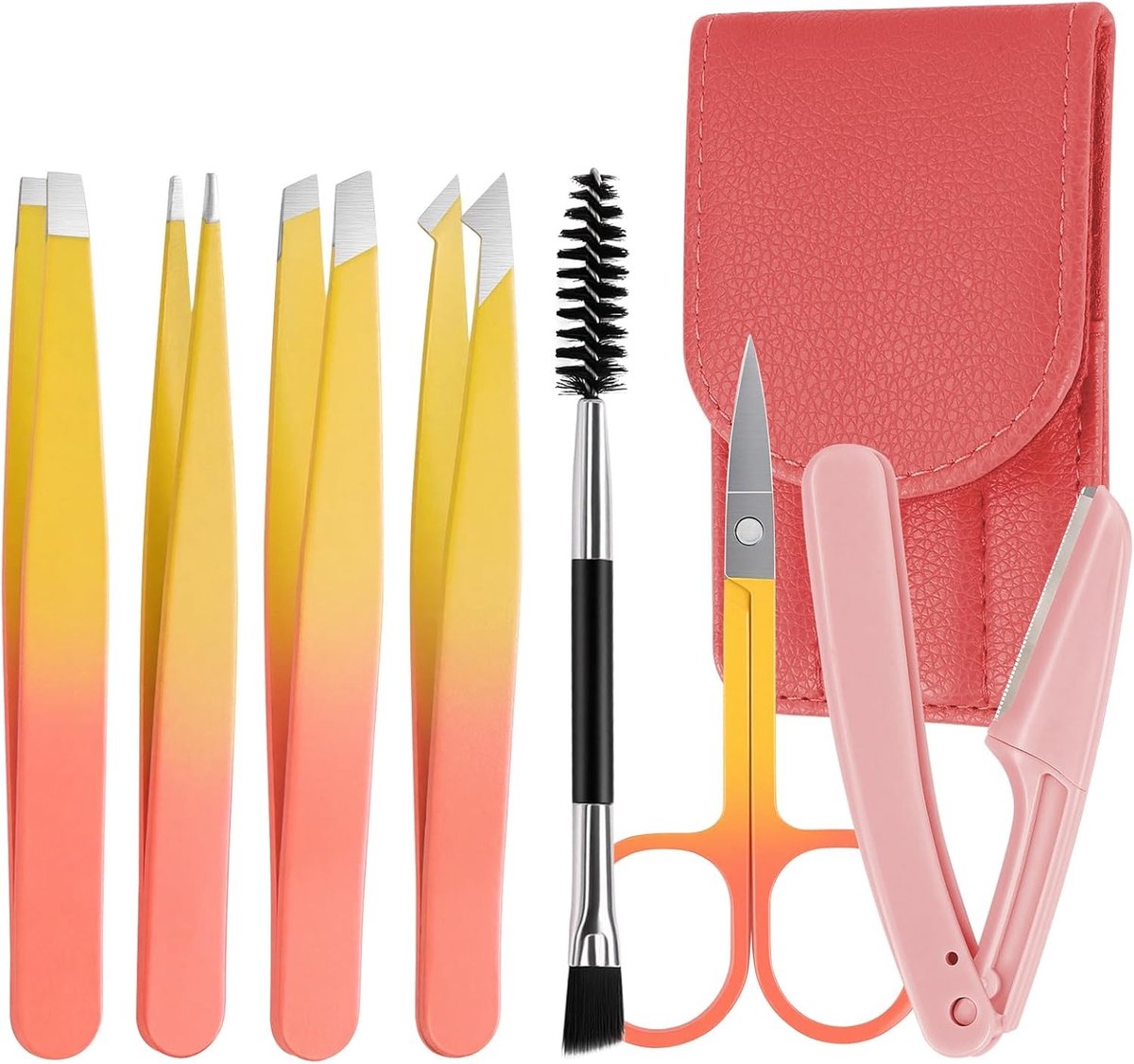 Professionele Set van 7 Stuks Pincetten voor Wenkbrauwen, Precisie Schaar en Huidverzorging met Leren Etui voor Vrouwen, Verwijdering van Gezichtsbeharing en Ingegroeide Haren