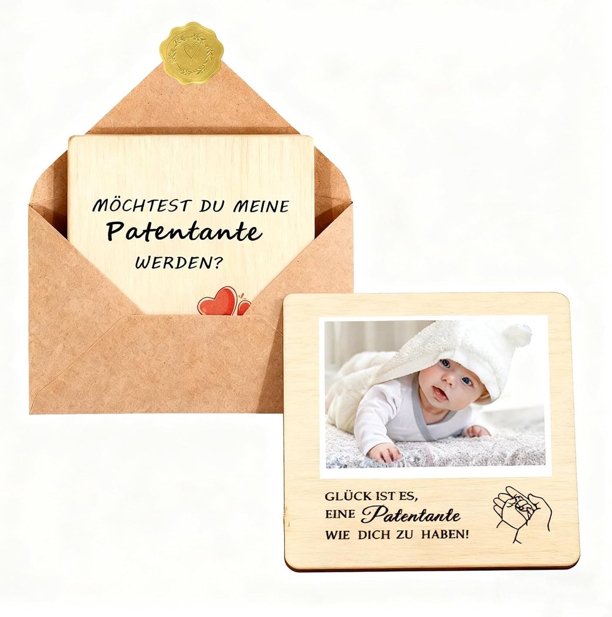 Houten vragenkaarten met envelop en zegel - Word mijn peettante - Christening vragen cadeau set van lindehout - Emotionele verrassing voor de aanstaande peettante