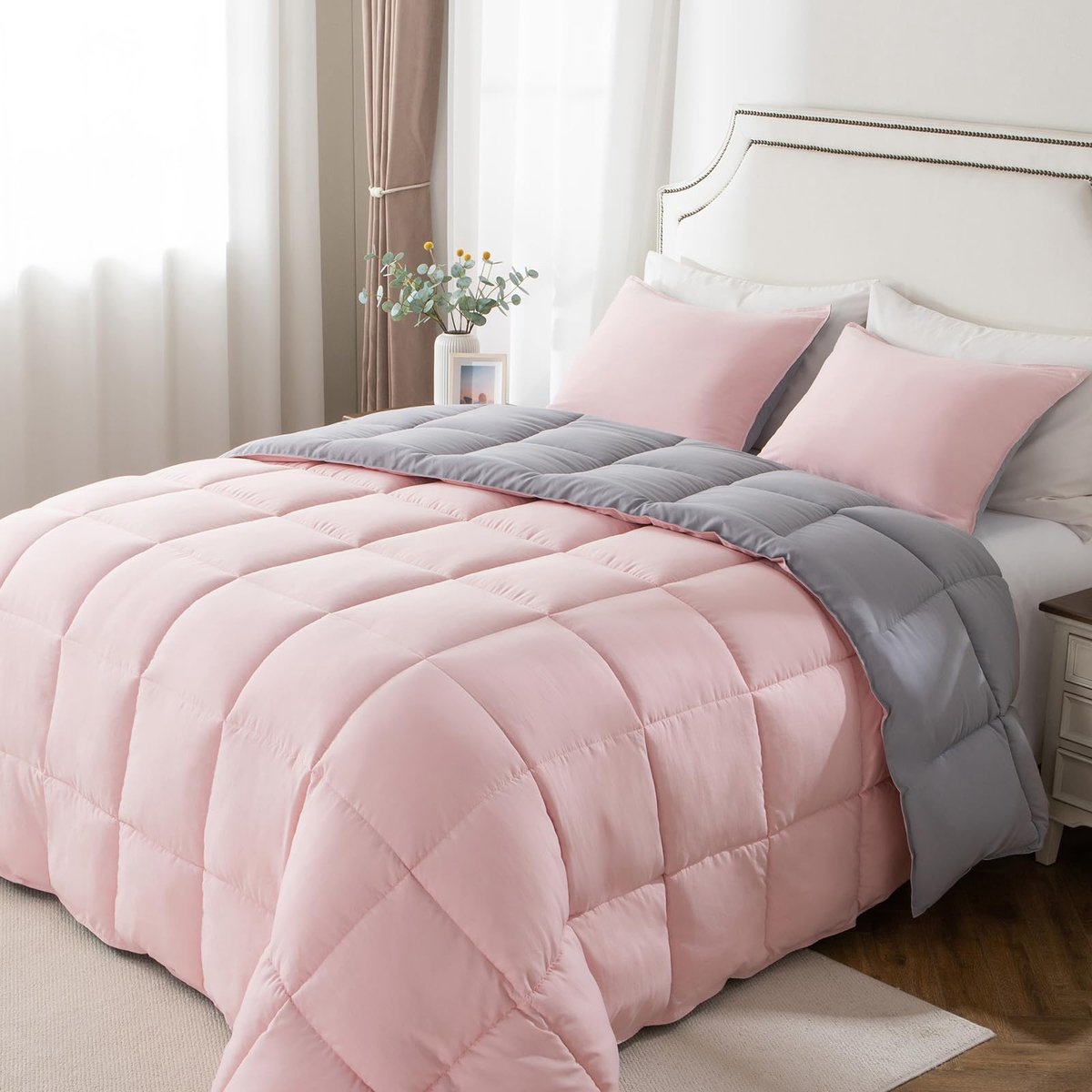 SnelShoppen - KASENTEX All Season Gewatteerde Dekbed Set Omkeerbaar Twin Maat Roze Potpourri/Quartz Zilver Ultra Zacht Machine Wasbaar Dekbedovertrek
