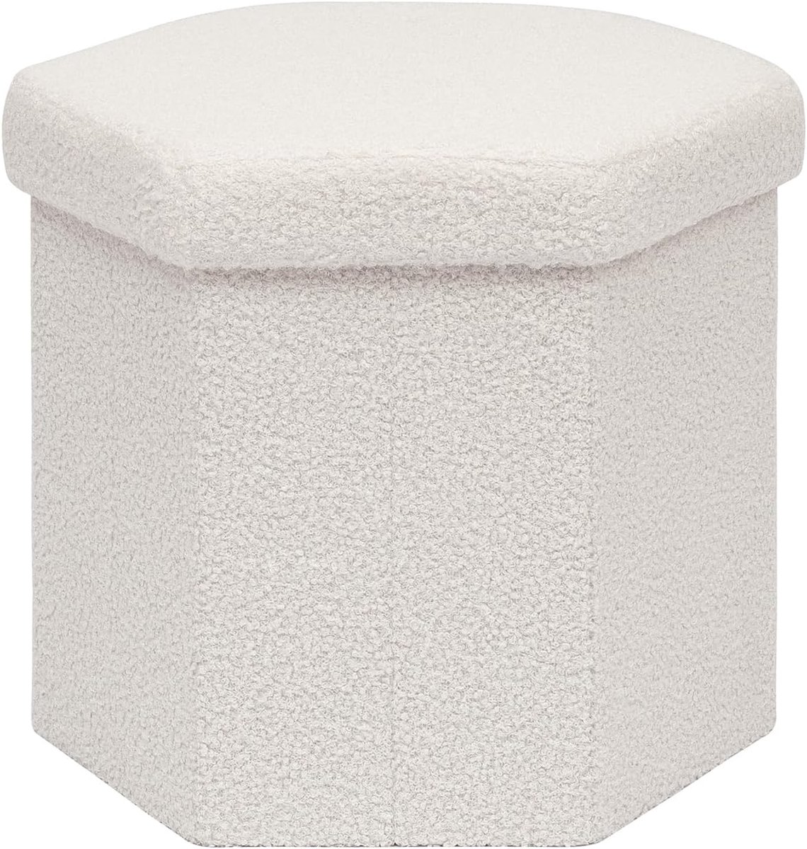 SnelShoppen - Opvouwbare poef met opbergruimte, bouclé kruk met deksel, zeshoekige voetenbankje, voetenbank voor woonkamer en slaapkamer, 43 x 38 x 38