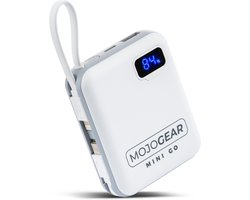 MOJOGEAR MINI GO 10.000 mAh Powerbank met ingebouwde kabels (USB-C en Lightning) – Tot 4 apparaten tegelijk opladen – Broekzakformaat – LED-display – Wit