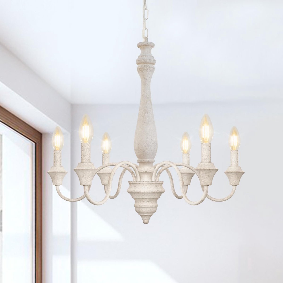 SnelShoppen - Moderne witte hanglamp woonkamer, 6 lampen houten vintage kroonluchter, in hoogte verstelbare Franse ijzeren boerderij hanglamp voor sla