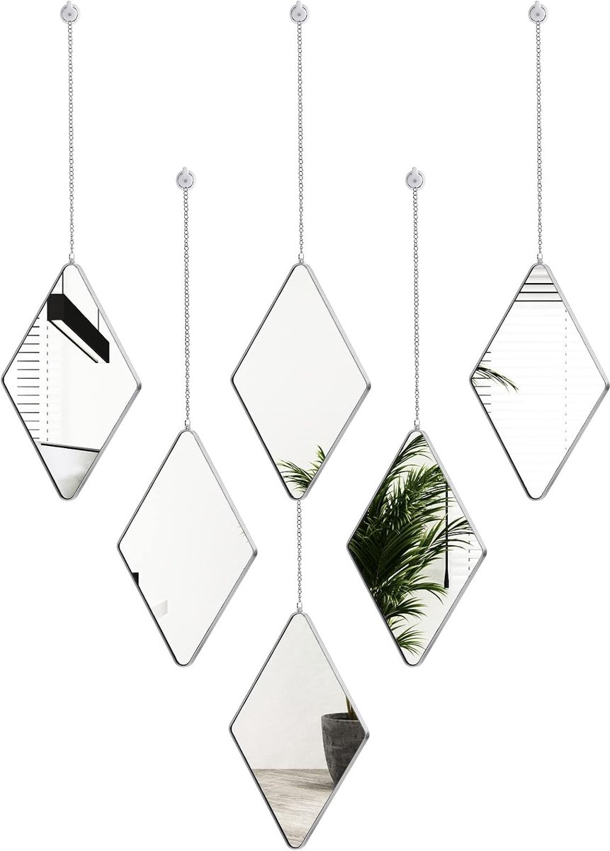 SnelShoppen - Set van 6 Spiegelwanddecoraties met Zilveren Frame, Diamanten Ophangketting en 2 Schroevendraaiers - Perfecte Decoratie voor Woonkamer,