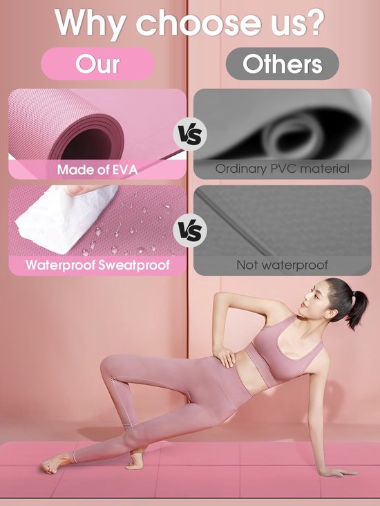 Klassieke Yogamat - Oefenmat Fitness - Yoga Pilates Training - Antislip EVA Materiaal - 173 x 61 cm - Roze — afbeelding 2