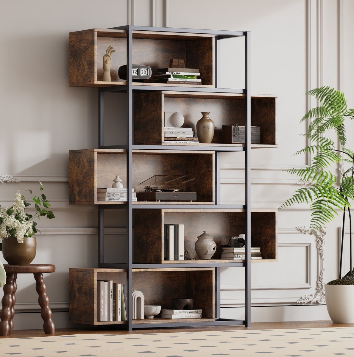 MODENUIT Boekenkast - 5 Lagen Open Rek - Industrieel Voor Woonkamer En Werkkamer - MDF - Zwart Bruin - 121x35x176 Cm