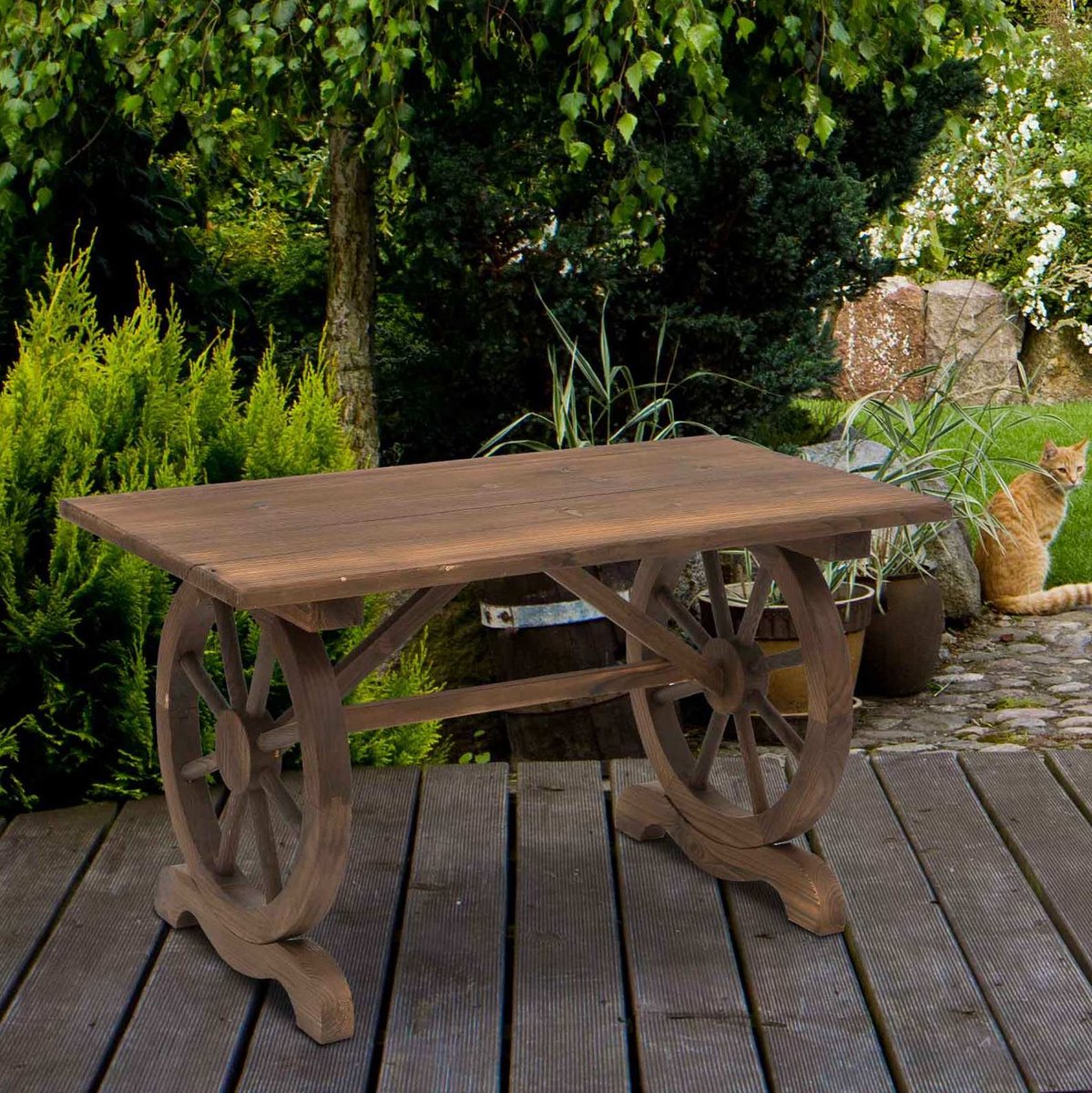 DESMIU Tuintafel - Massief Houten Balkontafel Met Rustieke Wielen - Voor Tuin, Terras En Balkon - Naturel - 113x60x65 Cm