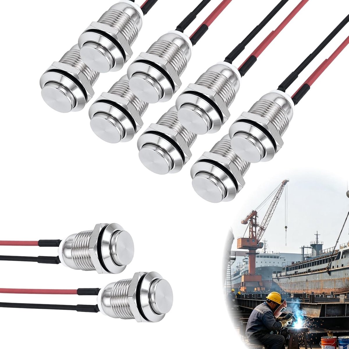 Momentane drukknop 12 mm, roestvrij staal, IP65, voorbekabeld, 2 A, geschikt voor 12 V, 24 V, 125 V en 250 V, aan/uit-schakelaar voor bedieningspaneel en elektrische toepassingen