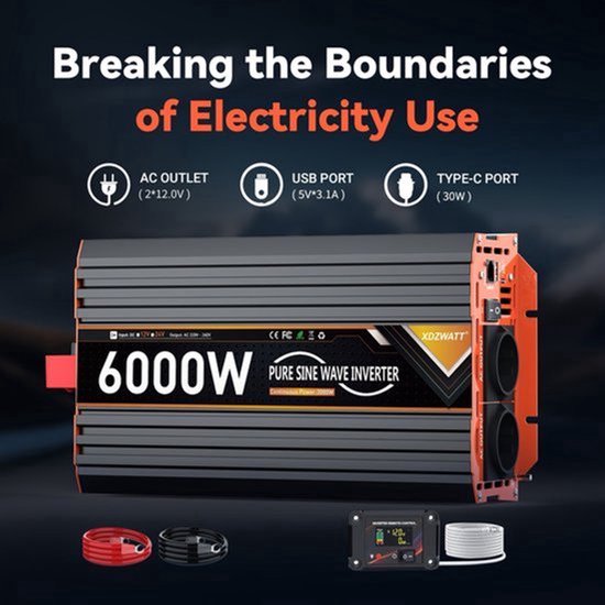 Zuivere Sinusomvormer – 12V naar 230V Omvormer – DC naar AC Converter – Spanningsomzetter – Inverter – 3000W Continu, 6000W Pieken – 2 Stopcontacten & 30W USB-C – LCD Display & Afs
