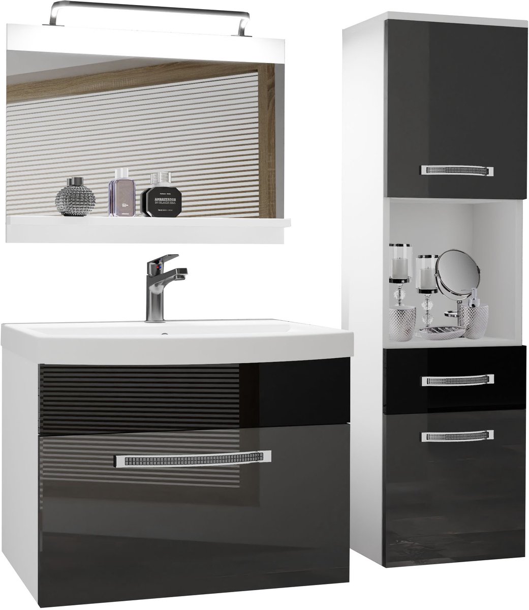 BELINI Badkamermeubel Set GLA P 3 - Badmeubelset 100 cm Zilver Zwart Hoogglans met Wastafel, Spiegel en LED Lamp - Wandmontage