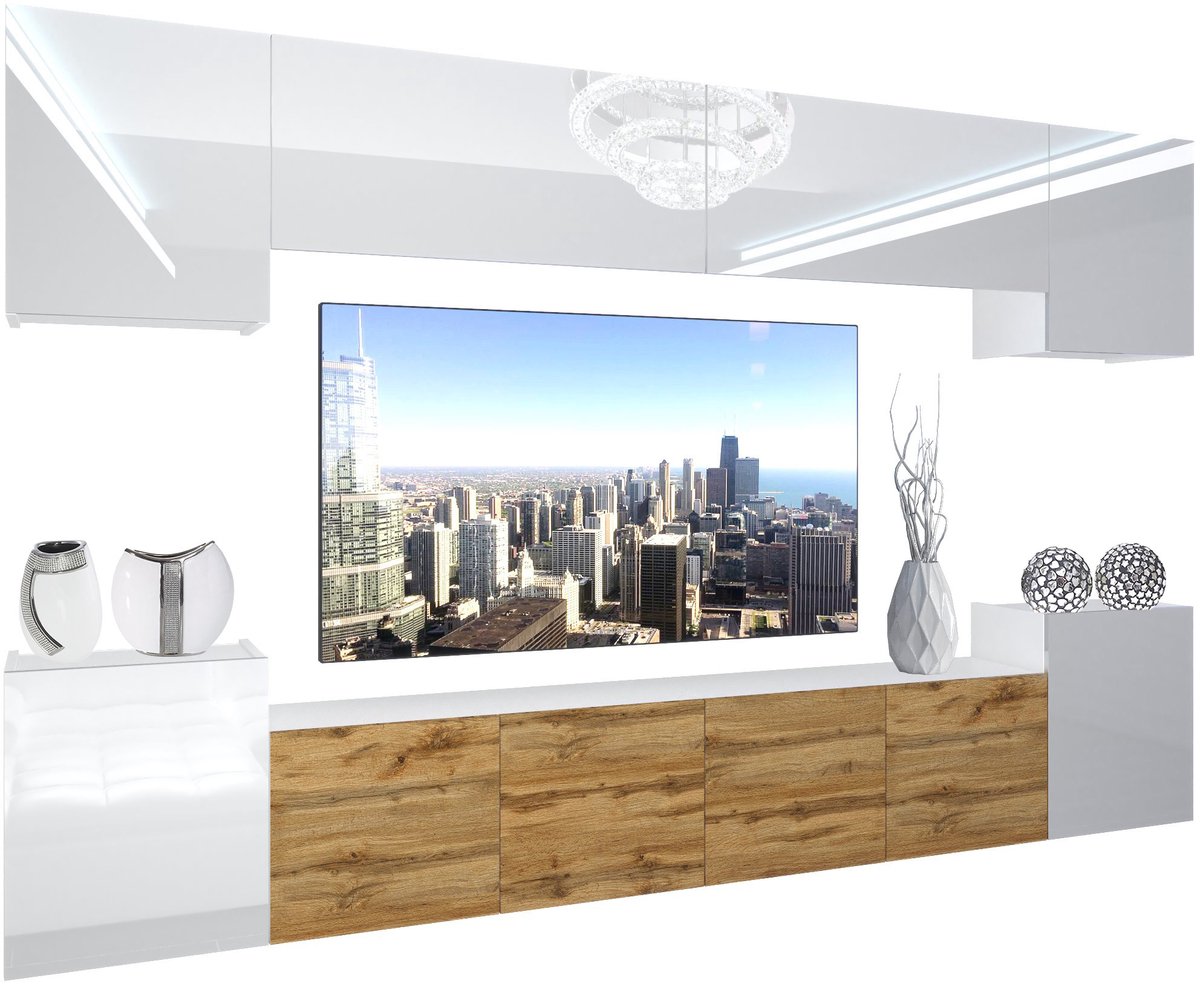 BELINI Wandmeubel NEX 4 - TV-Wandkast Set met LED-Verlichting Wit / Wotan Eiken - Hoogglans Fronten