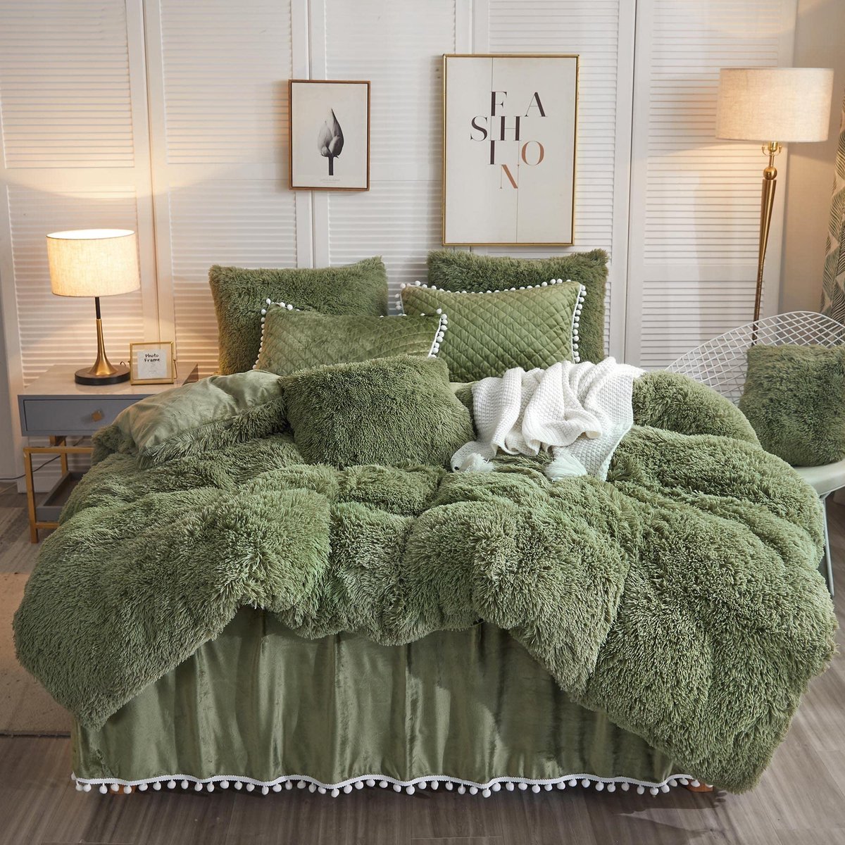 SnelShoppen - Luxe pluche Shaggy dekbedovertrekset 1 kunstbont dekbedovertrek + 2 fluwelen kussenslopen, zachte pluizige beddengoedset met ritssluitin