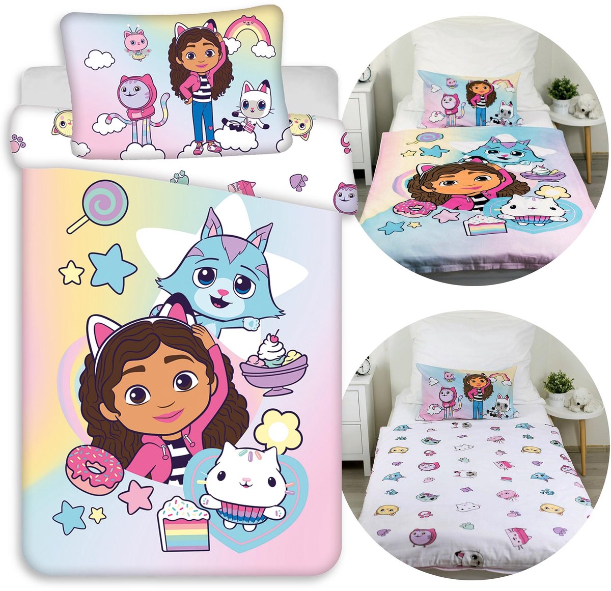Gabby's Dollhouse DUBBELZIJDIG, katoenen meisjesbeddengoed met rits, 100% KATOEN 100x135cm+40x60cm OEKO-TEX