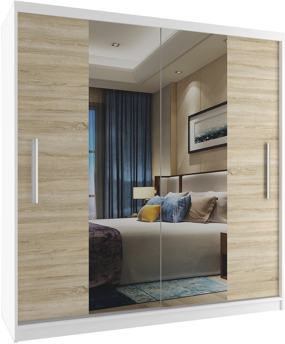 BELINI Verona ME Schuifdeurkast 158 cm Wit/Sonoma Eiken Mat - Kledingkast met Spiegel - Comfort Line Slaapkamerkast