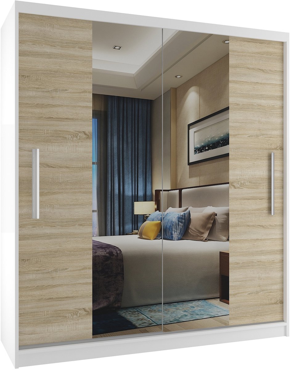BELINI Verona ME Schuifdeurkast 133 cm Wit/Sonoma Eiken Mat - Kledingkast met Spiegel - Comfort Line Slaapkamerkast