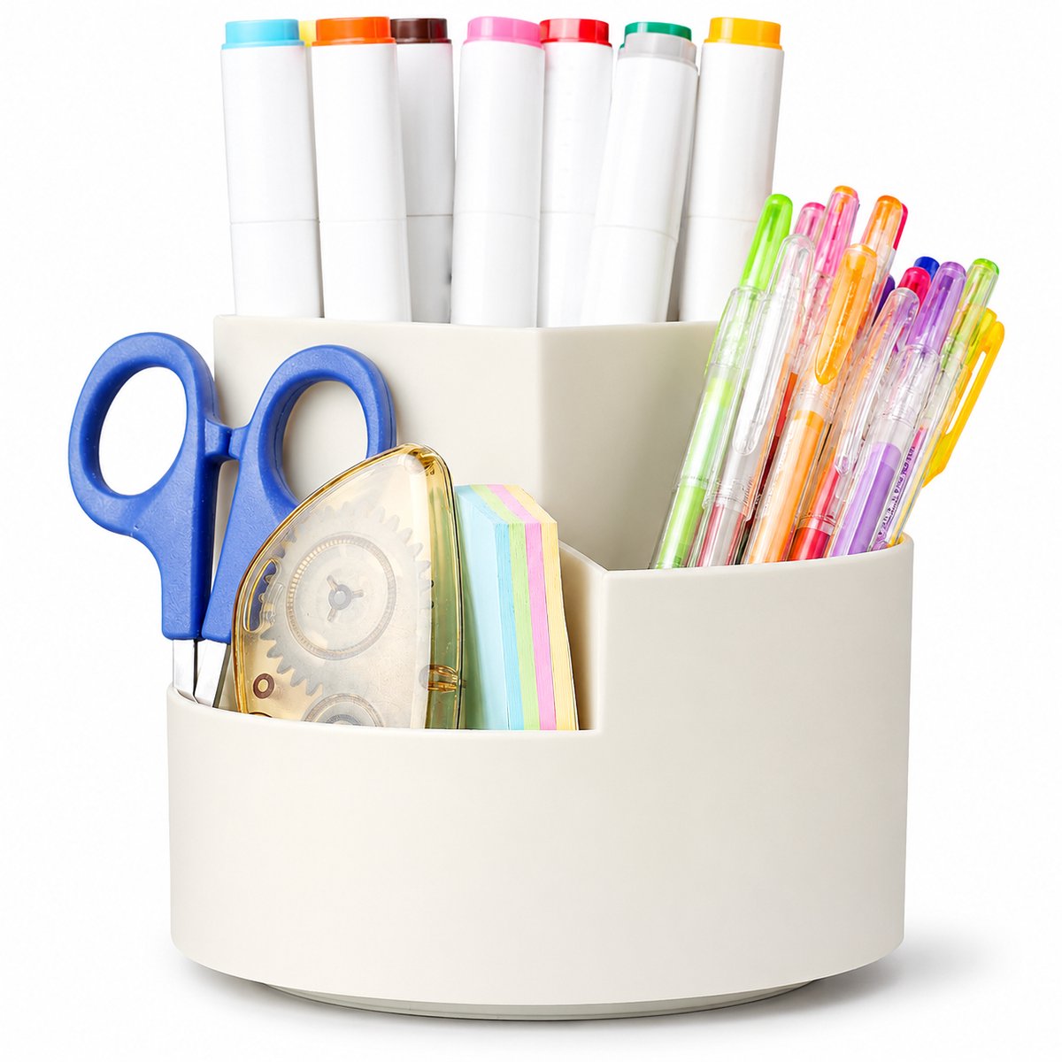 360° Draaibare Bureau Organizer - Pennenbakje met 3 Compartimenten - Multifunctionele Bureau Opbergdoos voor Kantoor, School en Make-up - Wit