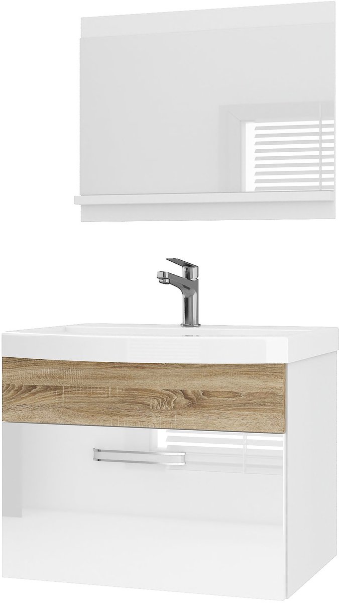 BELINI Badkamermeubel Set PRI PM1 - Badmeubelset 60 cm Wit/Sonoma Eiken Hoogglans met Wastafel en Spiegel - Wandmontage