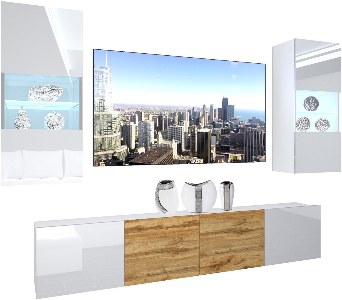 BELINI Wandmeubel NEX 7 - TV-Wandkast Set met LED-Verlichting Wit / Wotan Eiken - Hoogglans Fronten
