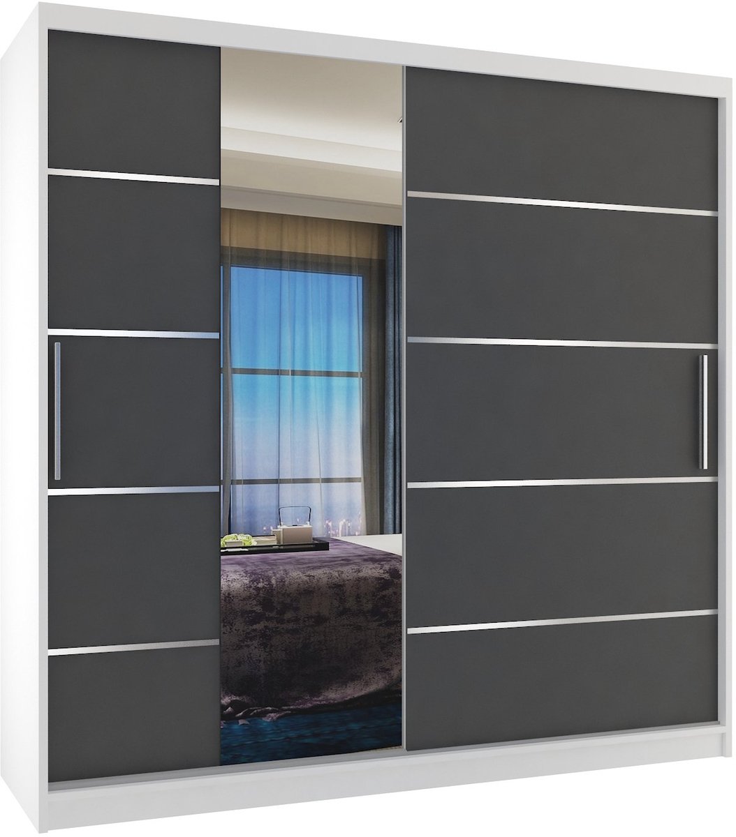 BELINI Verona MBP Schuifdeurkast 200 cm Wit/Grijs Mat - Kledingkast met Spiegel - Comfort Line Slaapkamerkast