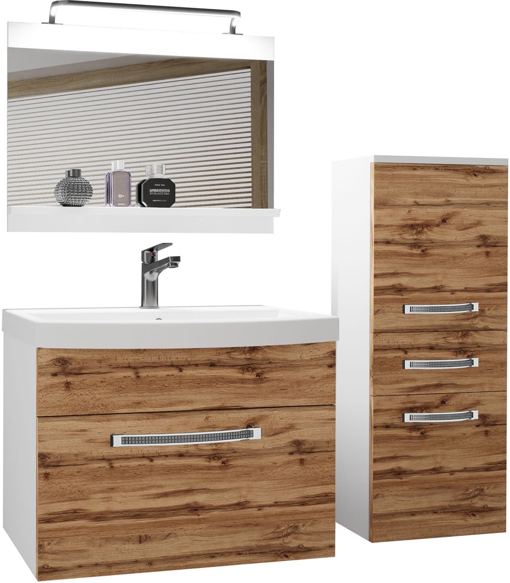 BELINI Badkamermeubel Set GLA M 2 - Badmeubelset 100 cm Wotan Eiken Mat met Wastafel, Spiegel en LED Lamp - Wandmontage