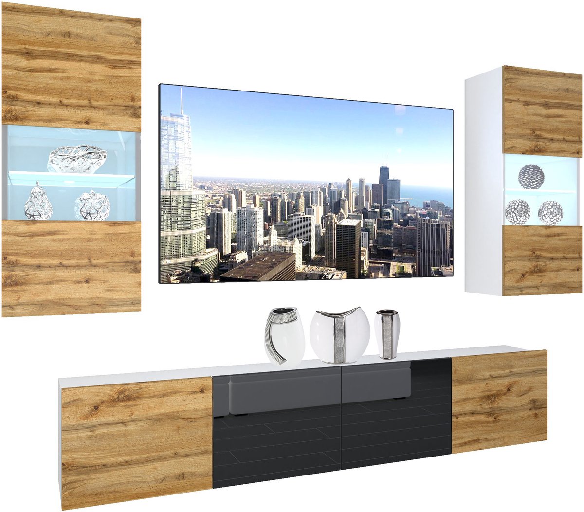 BELINI Wandmeubel NEX 7 - TV-Wandkast Set met LED-Verlichting Wotan Eiken / Zwart - Hoogglans Fronten