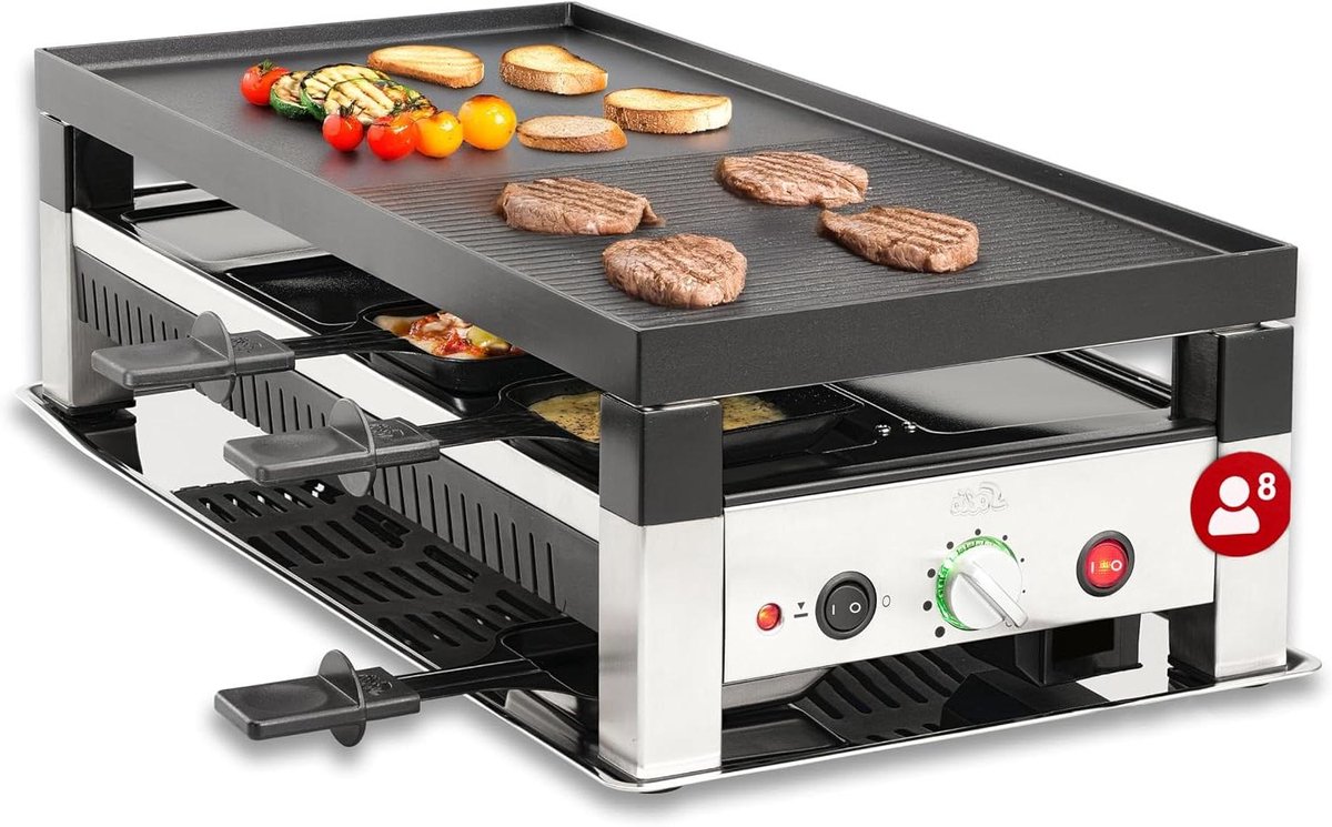 Tafelgrill 5-in-1 - Raclette Wok Pizza - Gezellig Tafelen - Dubbelzijdige Plaat - Voor 8 Personen - Zwart