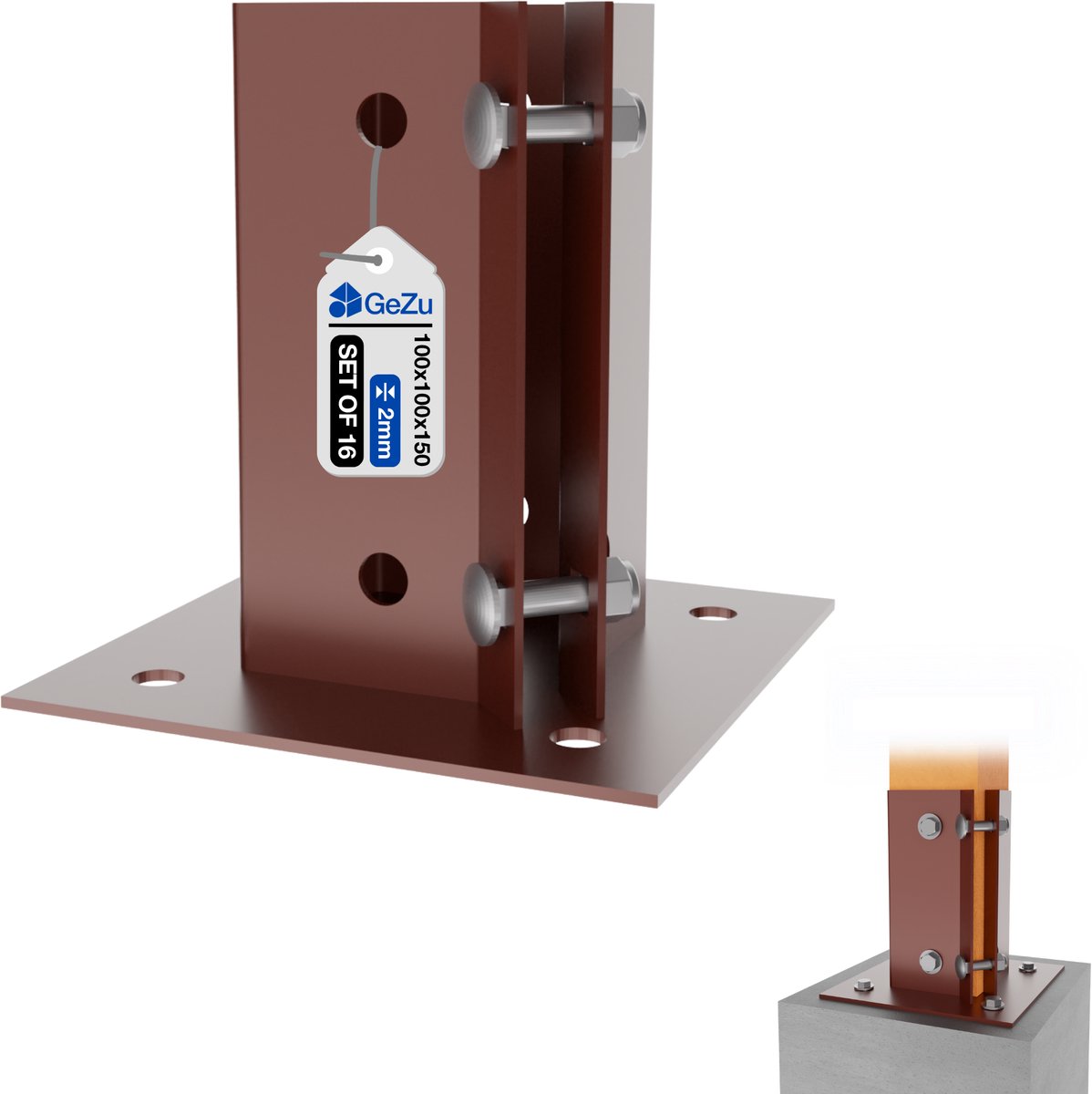 GeZu Impex Verstelbare Paalhouder met Plaat 100 x 100 mm Poedergecoat Set van 16 Paalvoet Beugel Schuttingvoet Basis Vierkante Beugel Schroefbare Paalschoen