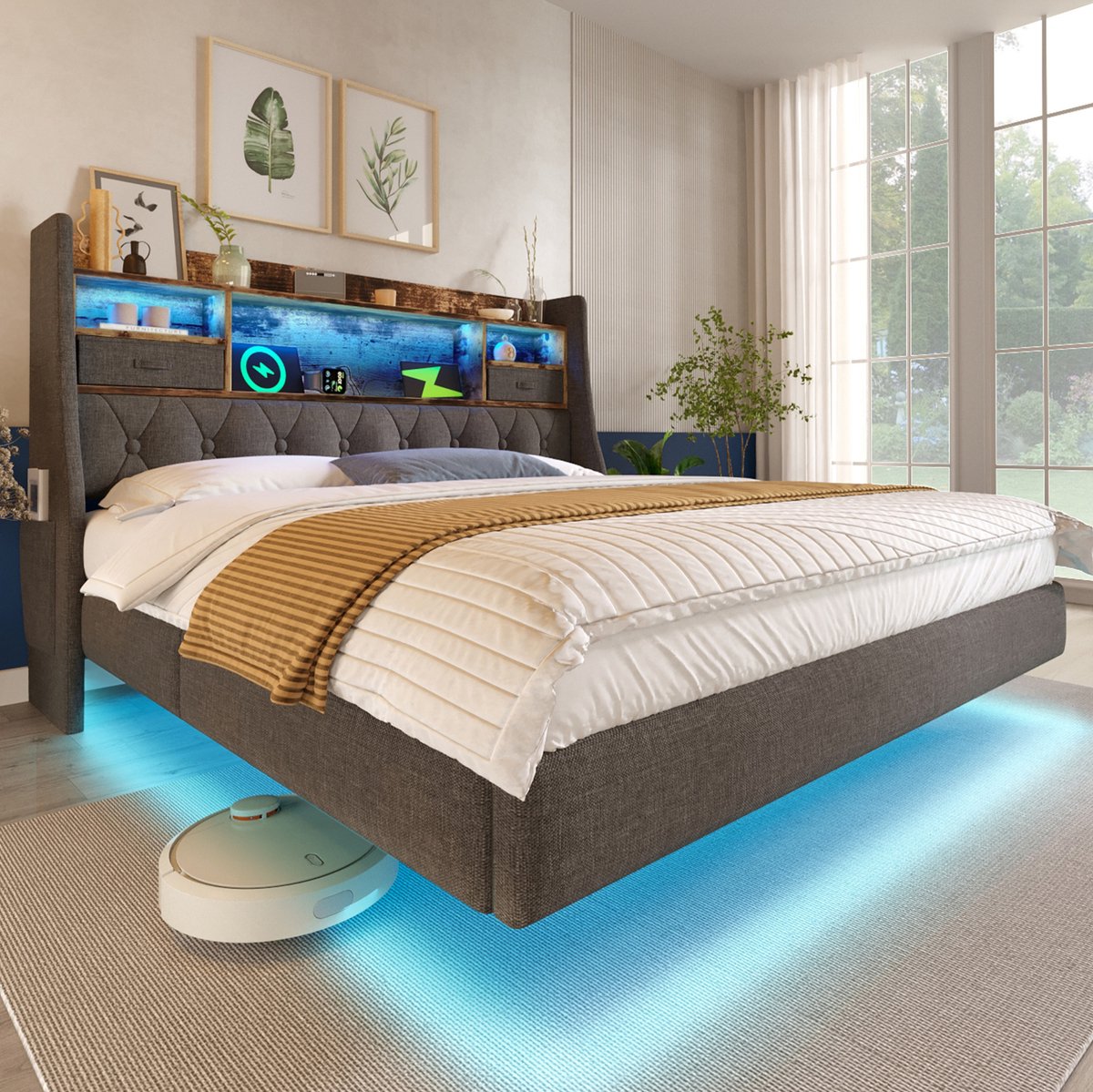 DESMIU Gestoffeerd Bed 160x200 cm - LED Verlichting, Hoofdbord Met Oplaadstation - Opbergruimte In Het Hoofdbord - Grijs - Zonder Matras