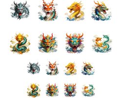 16 Bladen Strijktransfers voor T-Shirts met Chinese Draak, DTF Transfers voor Kleding, Hoeden en Kussens, Wasbare Vinyl Patches voor Vrouwen en Meisjes
