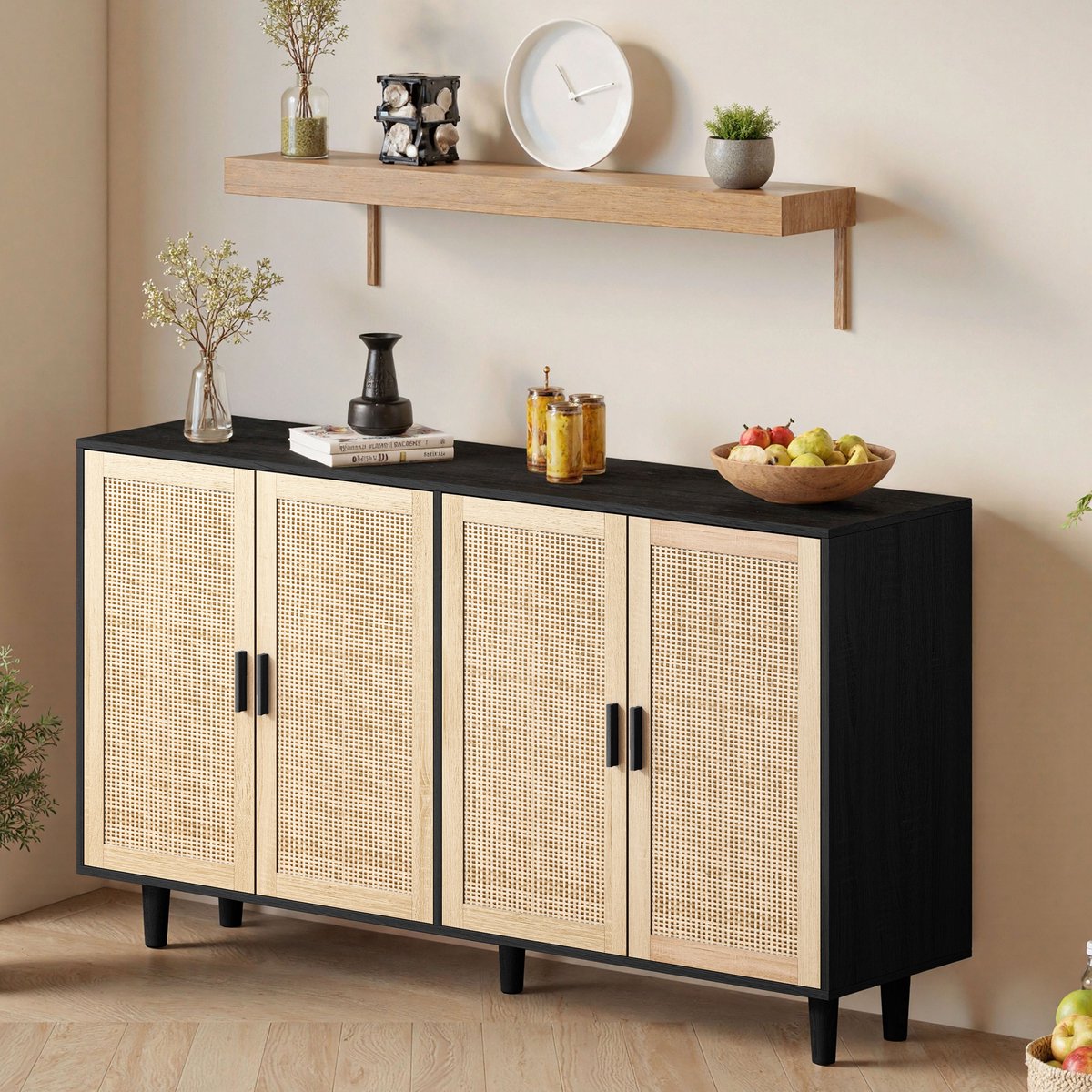Wishdor - Opbergkast - 4-deurs dressoir met verstelbare plank - Scandinavische stijl - voor woonkamer slaapkamer of kantoor - houtlook zwart - 158 x 40 x 88 cm